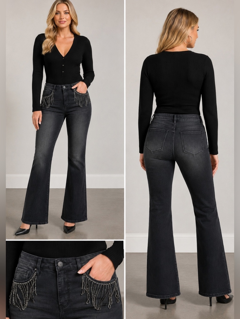 RFM Royalty For Me black rhinestone fringe pocket trim boot cut denim jeans NWT